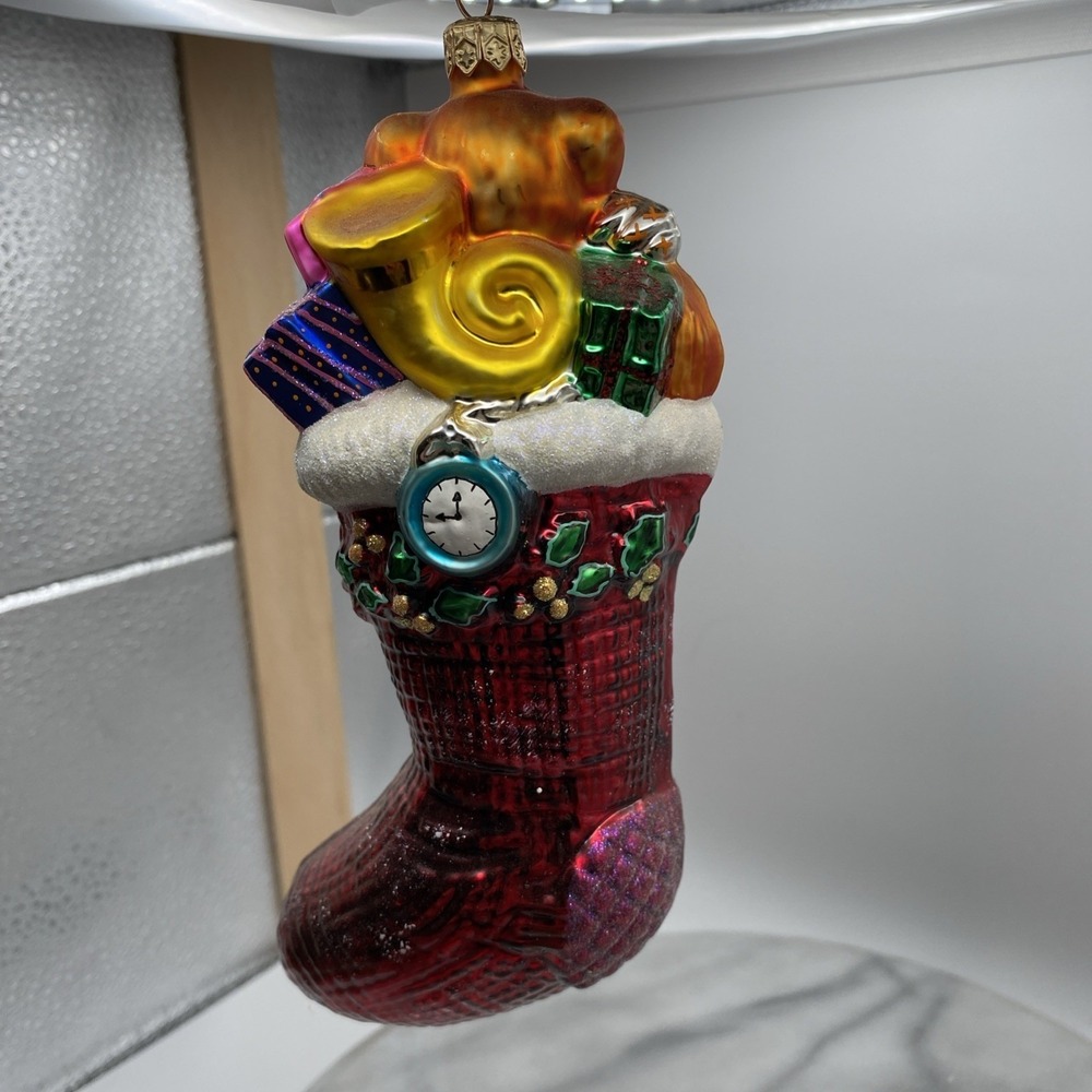 Radko Christmas Stocking Glass Ornament Red Teddy Bear Horn Gifts - Picture 3 of 16